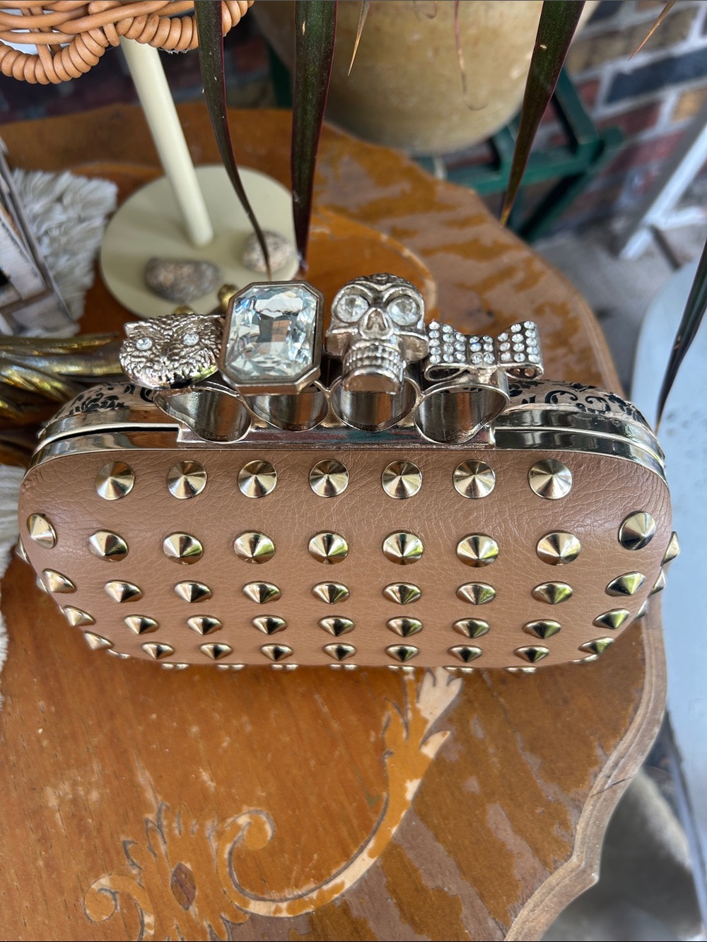 Vintage Tan Studded Knuckle Clutch